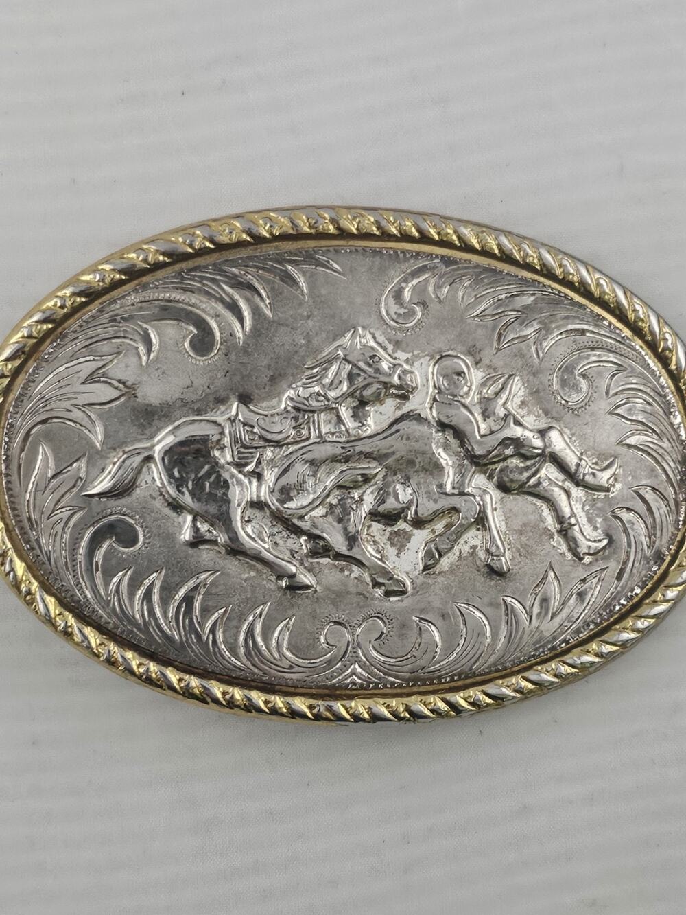 Western Steer Wrestling Cowboy Rodeo Buckle Two Tone Scrolls Free Shipping